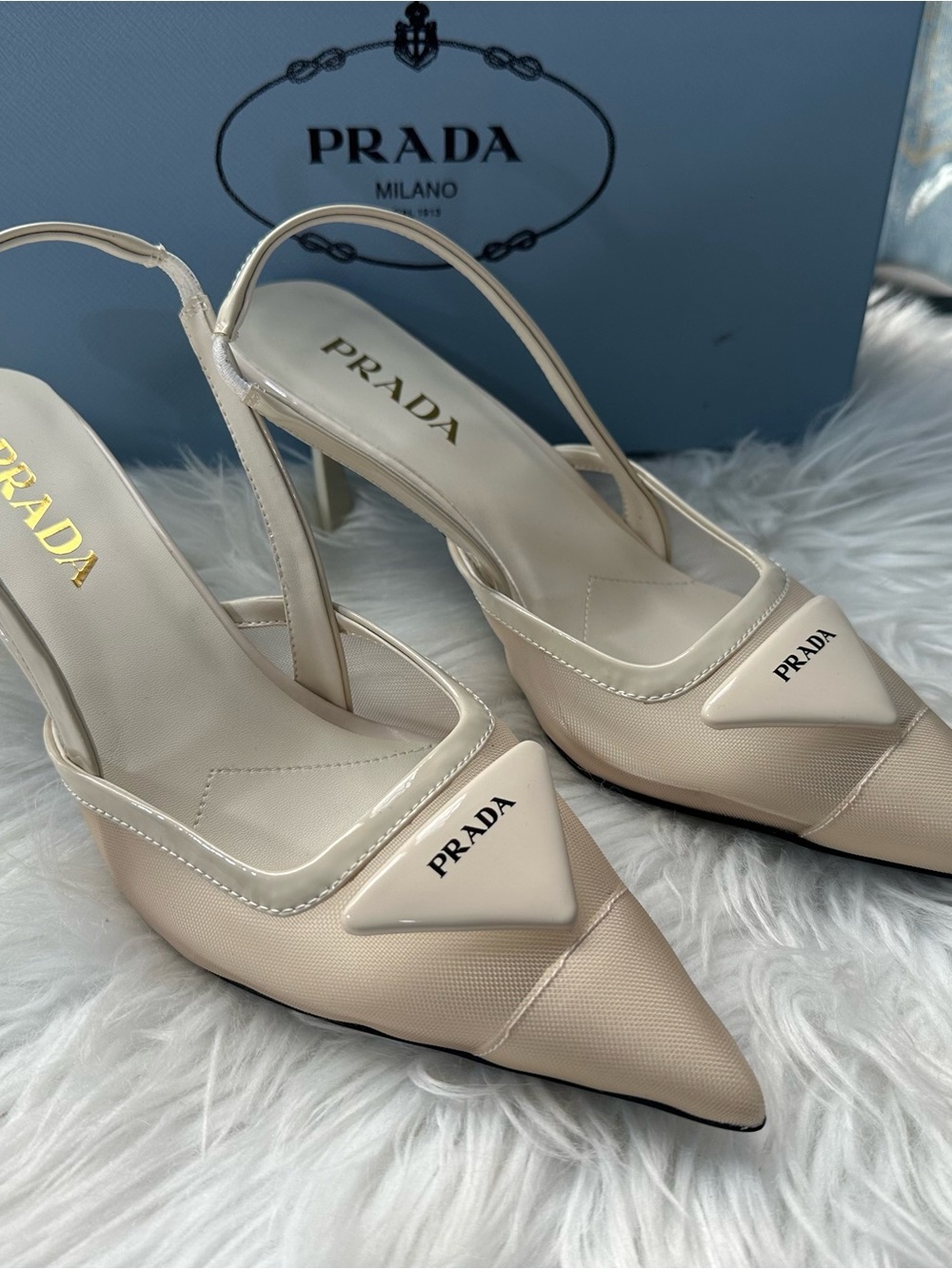 Good Prada Cream Pointed Slingback Pumps with Logo Plaque